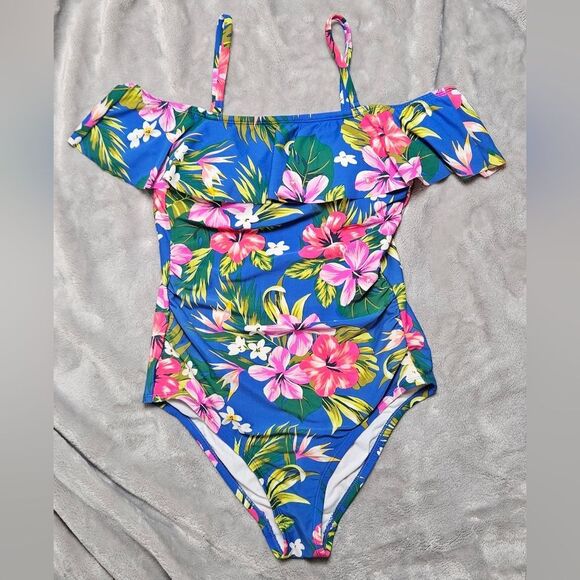 Kona Sol Floral One‑Piece Swimsuit Blue Floral Size S - Picture 1 of 4